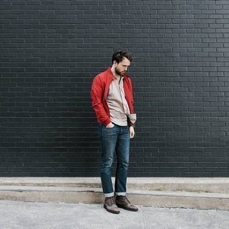 Men's Dark Brown Leather Casual Boots, Navy Jeans, Beige Short Sleeve Shirt, Red Bomber Jacket