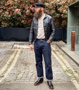 Black Flat Cap Spring Outfits For Men: 