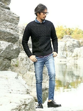 Men's Black Leather Derby Shoes, Blue Jeans, Blue Plaid Short Sleeve Shirt, Charcoal Cable Sweater