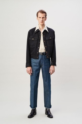 Men's Black Leather Chelsea Boots, Blue Jeans, Beige Plaid Short Sleeve Shirt, Black Denim Jacket