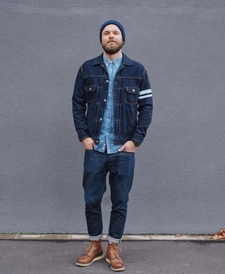 Men's Brown Leather Casual Boots, Navy Jeans, Light Blue Chambray Short Sleeve Shirt, Navy Denim Jacket