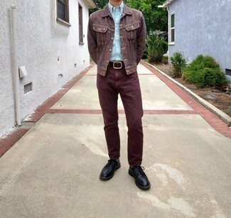 Dark Brown Denim Jacket Outfits For Men: 