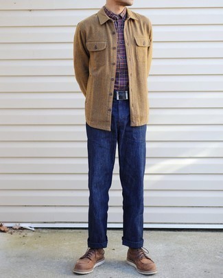 Men's Brown Leather Casual Boots, Navy Jeans, Navy Plaid Short Sleeve Shirt, Tan Herringbone Long Sleeve Shirt