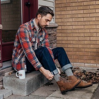 Men's Brown Leather Casual Boots, Navy Jeans, Grey Short Sleeve Shirt, Red Plaid Long Sleeve Shirt