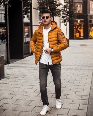 Orange Puffer Jacket Outfits For Men: 
