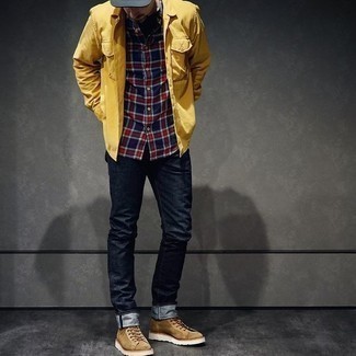 Men's Tan Suede Casual Boots, Navy Jeans, White and Red and Navy Plaid Short Sleeve Shirt, Mustard Shirt Jacket