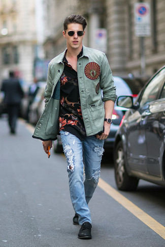 Mint Print Shirt Jacket Outfits For Men: 