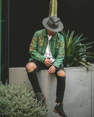 Men's Black Suede Chelsea Boots, Black Ripped Jeans, White Short Sleeve Shirt, Green Print Shirt Jacket