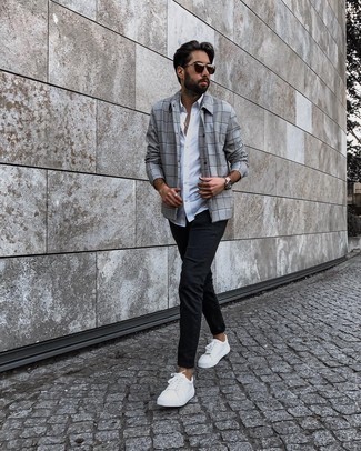 Grey Plaid Shirt Jacket Outfits For Men: 