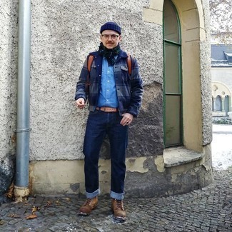 Men's Brown Leather Casual Boots, Navy Jeans, Light Blue Short Sleeve Shirt, Navy Plaid Flannel Shirt Jacket