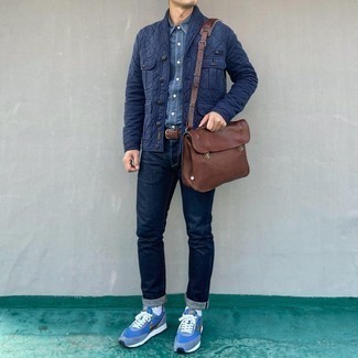 Men's Blue Athletic Shoes, Navy Jeans, Blue Chambray Short Sleeve Shirt, Navy Quilted Shirt Jacket