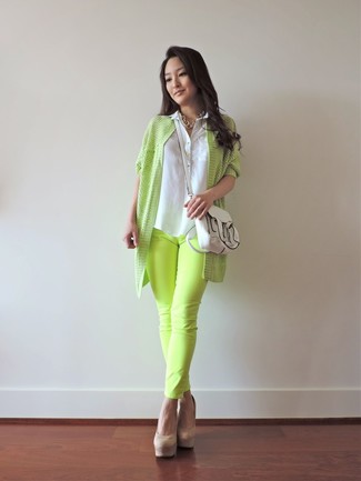 Green-Yellow Open Cardigan Outfits For Women: 