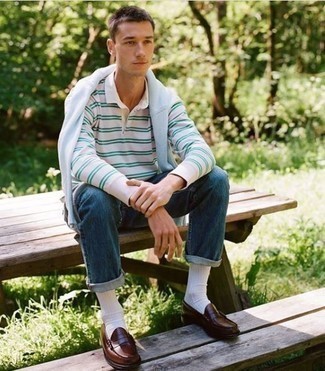 Men's Dark Brown Leather Loafers, Navy Jeans, Light Blue Sweatshirt, Pink Horizontal Striped Polo Neck Sweater