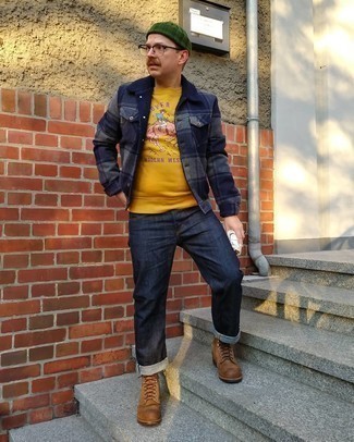 Men's Brown Leather Casual Boots, Navy Jeans, Mustard Print Sweatshirt, Navy Plaid Flannel Shirt Jacket