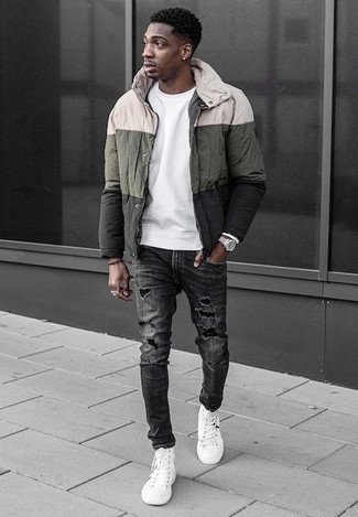 Men's White Canvas High Top Sneakers, Charcoal Ripped Jeans, White Sweatshirt, Multi colored Windbreaker