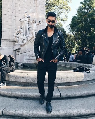 Black Embellished Leather Biker Jacket Outfits For Men: 