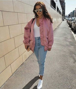 Pink Satin Bomber Jacket Outfits For Women: 
