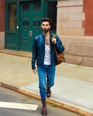Navy Leather Bomber Jacket Outfits For Men: 