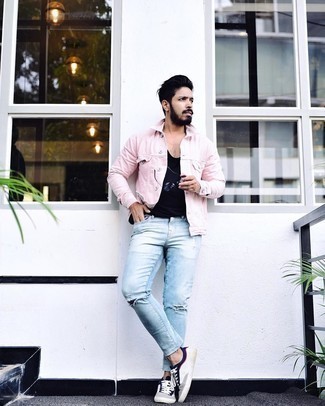 Men's White and Navy Canvas Low Top Sneakers, Light Blue Ripped Jeans, Black Tank, Pink Denim Jacket