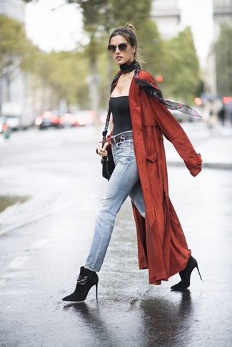 Alessandra Ambrosio wearing Black Suede Ankle Boots, Light Blue Jeans, Black Tank, Red Duster Coat