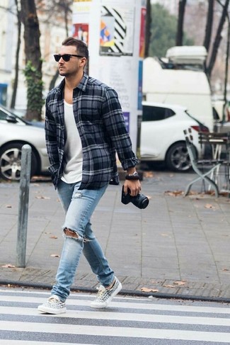 Men's White and Black Print Canvas Low Top Sneakers, Light Blue Ripped Jeans, White Tank, Charcoal Plaid Flannel Long Sleeve Shirt
