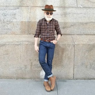 Men's Tan Leather Casual Boots, Navy Jeans, White Tank, Brown Plaid Long Sleeve Shirt
