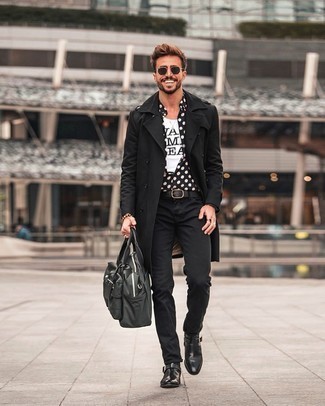 Black and White Polka Dot Long Sleeve Shirt Outfits For Men: 