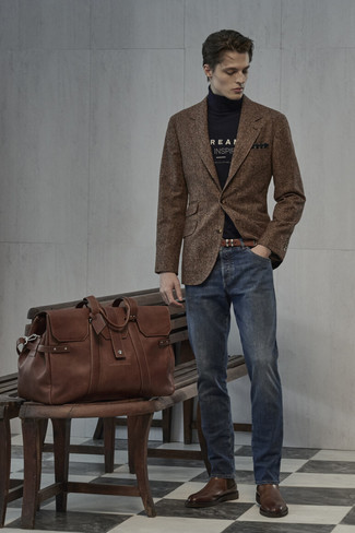 Men's Dark Brown Leather Chelsea Boots, Navy Jeans, Navy Print Turtleneck, Brown Plaid Wool Blazer