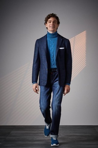 Blue Knit Wool Turtleneck Outfits For Men: 