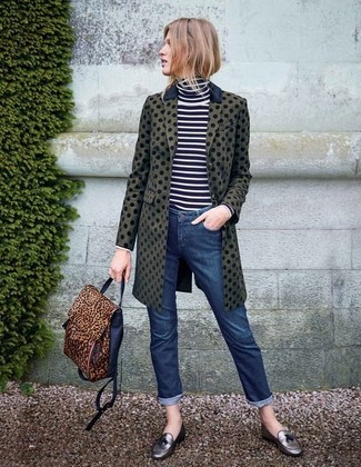 Women's Silver Leather Tassel Loafers, Navy Jeans, Navy and White Horizontal Striped Turtleneck, Olive Polka Dot Coat