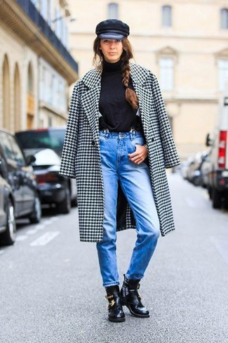 Women's Black Cutout Leather Ankle Boots, Blue Jeans, Black Turtleneck, White and Black Houndstooth Coat