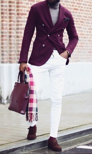 Dark Purple Double Breasted Blazer Outfits For Men: 