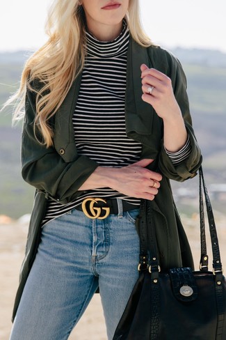 Black Horizontal Striped Turtleneck Outfits For Women: 