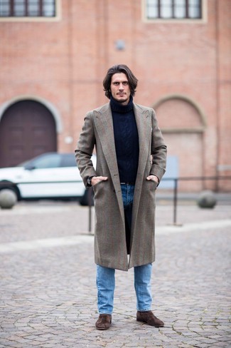Navy Knit Wool Turtleneck with Brown Overcoat Outfits: 