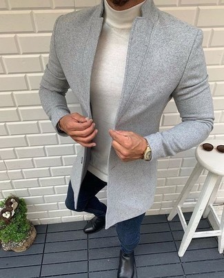 White Wool Turtleneck with Navy Jeans Outfits For Men: 