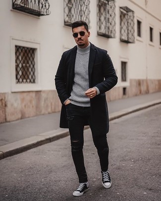 Men's Black and White Canvas High Top Sneakers, Black Ripped Jeans, Grey Knit Wool Turtleneck, Black Overcoat
