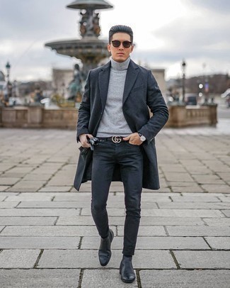Black Embellished Leather Belt Outfits For Men: 