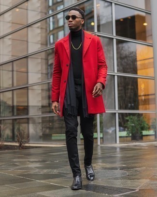 Men's Black Leather Chelsea Boots, Black Jeans, Black Turtleneck, Red Overcoat