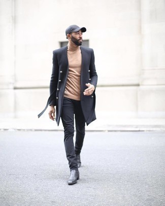 Men's Black Leather Chelsea Boots, Black Jeans, Tan Turtleneck, Black Overcoat