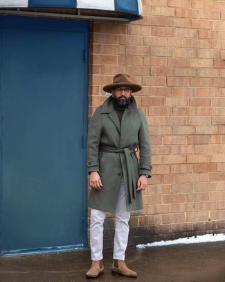 Men's Brown Suede Chelsea Boots, White Jeans, Dark Brown Turtleneck, Dark Green Overcoat