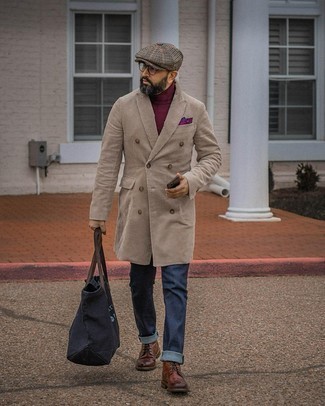 Burgundy Turtleneck with Camel Overcoat Fall Outfits: 