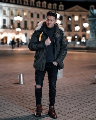 Men's Brown Leather Casual Boots, Black Ripped Jeans, Charcoal Wool Turtleneck, Black Parka