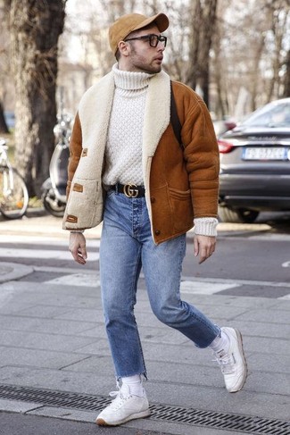 Men's White Leather Low Top Sneakers, Blue Jeans, White Knit Wool Turtleneck, Tobacco Shearling Jacket