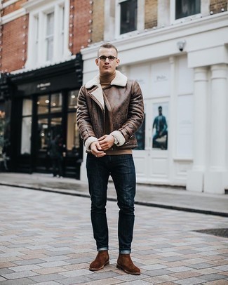 Tan Turtleneck Winter Outfits For Men: 