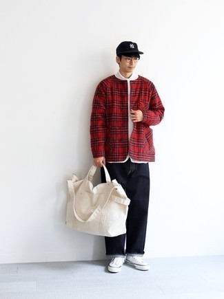 Men's White Canvas Low Top Sneakers, Navy Jeans, White Turtleneck, Red Plaid Shirt Jacket