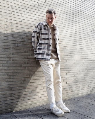 Men's White Leather Low Top Sneakers, Beige Jeans, Tan Knit Wool Turtleneck, White Plaid Shirt Jacket