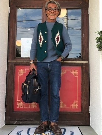 Men's Dark Brown Leather Desert Boots, Navy Jeans, Blue Wool Turtleneck, Dark Green Print Sweater Vest