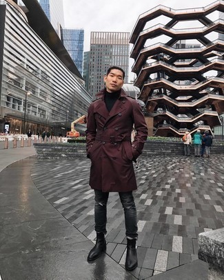 Men's Black Leather Chelsea Boots, Charcoal Ripped Jeans, Black Turtleneck, Burgundy Trenchcoat