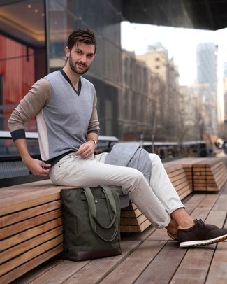 Men's Dark Brown Athletic Shoes, White Jeans, Multi colored V-neck Sweater, Grey Bomber Jacket
