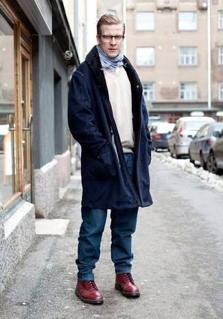 Men's Burgundy Leather Casual Boots, Blue Jeans, Beige V-neck Sweater, Navy Fur Collar Coat